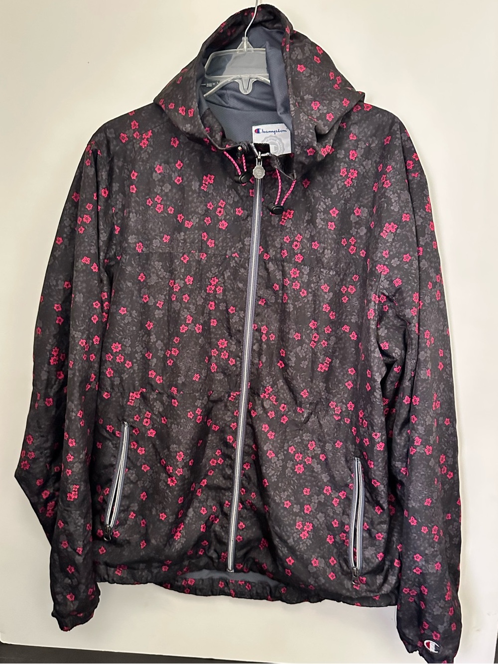 Champion Floral Lightweight Hooded Zip-up Windbreaker Jacket|blacn Pink ~L
